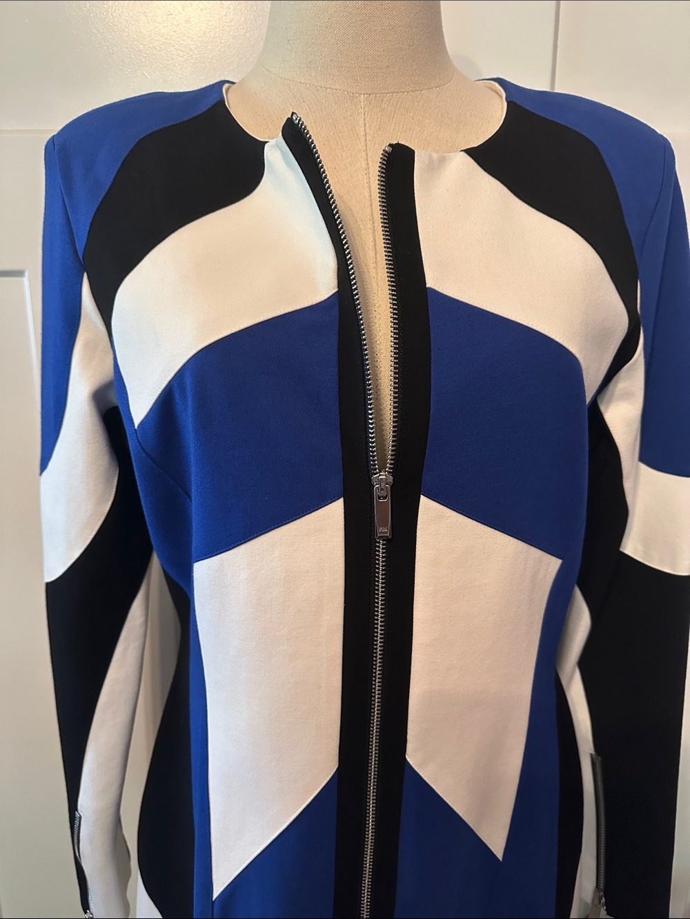 Karen Millen Moto Colorblock Ponte Biker Mini blue white black zipper 12 dress - Picture 3 of 11